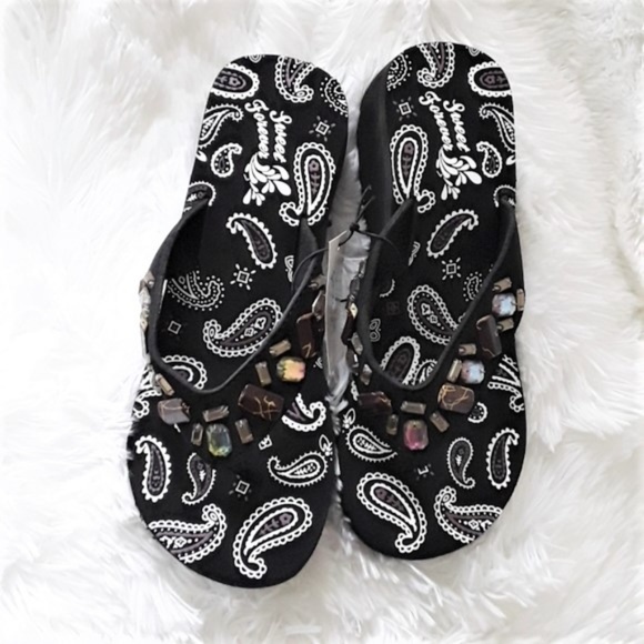 🔴Black Wedge Flip Flop Sandals Embellishments Sz9 - Picture 5 of 8